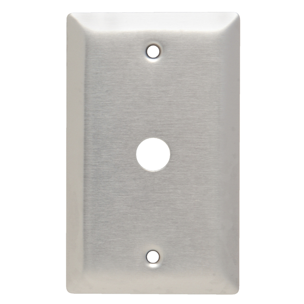 Single gang, Single telephone or cable outlet with removable 13/32 ID grommet in 17/32 hole. Smooth 302 stainless steel.