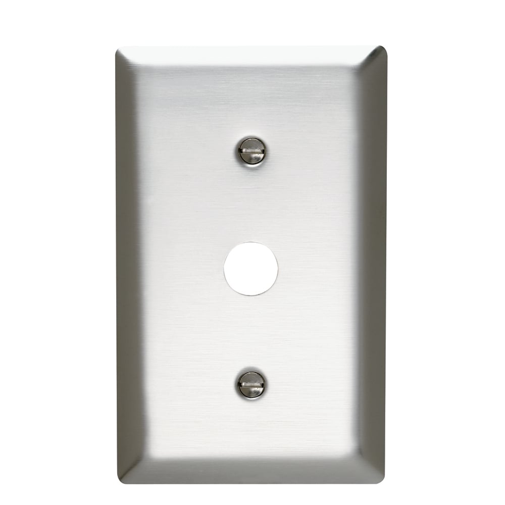 Single gang, Single telephone or cable outlet removable 13/32 ID grommet in 17/32hole. Strap mounted with adjustable yoke. One #340 yoke. 302 Smooth stainless steel.