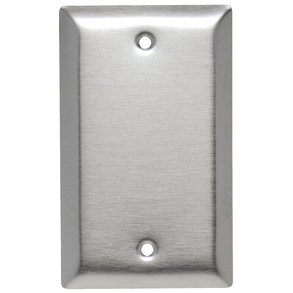 Smooth Metal Wall Plate, single gang blank box mounted andmade of 302 Stainless Steel, is recommended for use in food processing plants, dairies, chemical plants, and other industrial, institutional, and commercial applications where corrosive atmospheres exist. It is constructed of corrosion-resistant stainless steel, brass, aluminum, chrome, brushed bronze, or galvanized steel. Standard, Jumbo, and Tandem plates available, as well as special Panel plates up to 5-gangs high and 10-gangs wide.