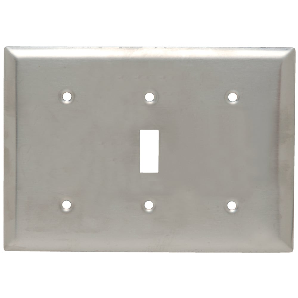 Combination Wall Plate, 1 Blank, 1 Toggle Switch and, 1 Blank, Three Gang, 302 Stainless Steel