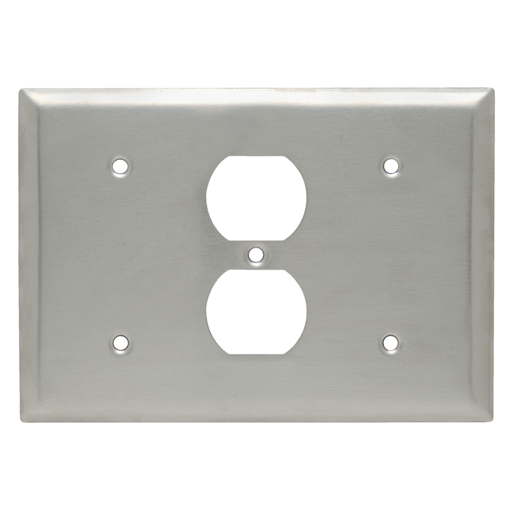 Combination Wall Plate, 1 Blank, 1 Duplex Receptacle and, 1 Blank, Three Gang, 302 Stainless Steel