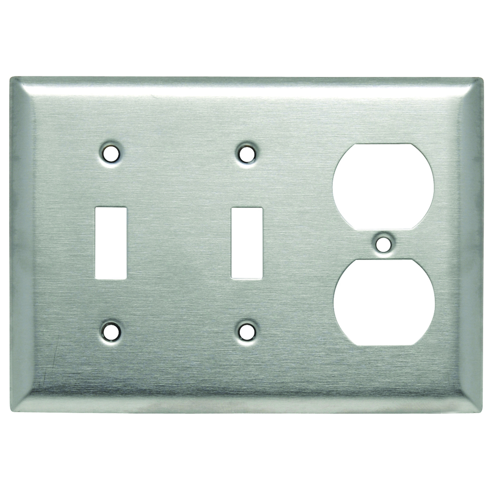 Combination Wall Plate, 2 Toggle Switch and, 1 Duplex Receptacle, Three Gang, 302 Stainless Steel