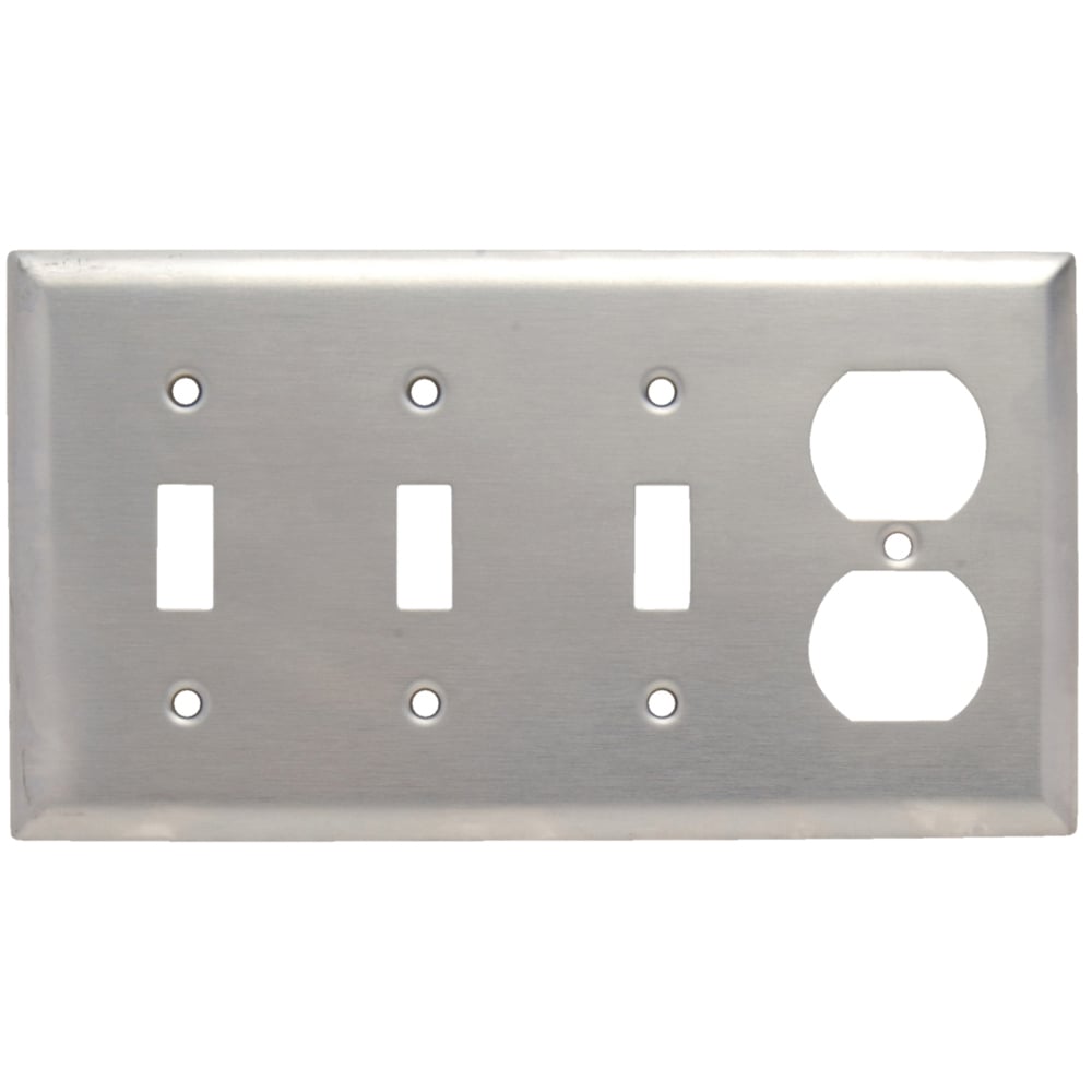 Combination Wall Plate, 3 Toggle Switch and, 1 Duplex Receptacle, Four Gang, 302 Stainless Steel