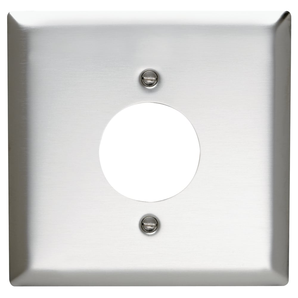 Two Gang Power Outlet Receptacle Opening, 1.5938 hole for 1.5625 diameter device -2 mtg. holes, Smooth Metal.