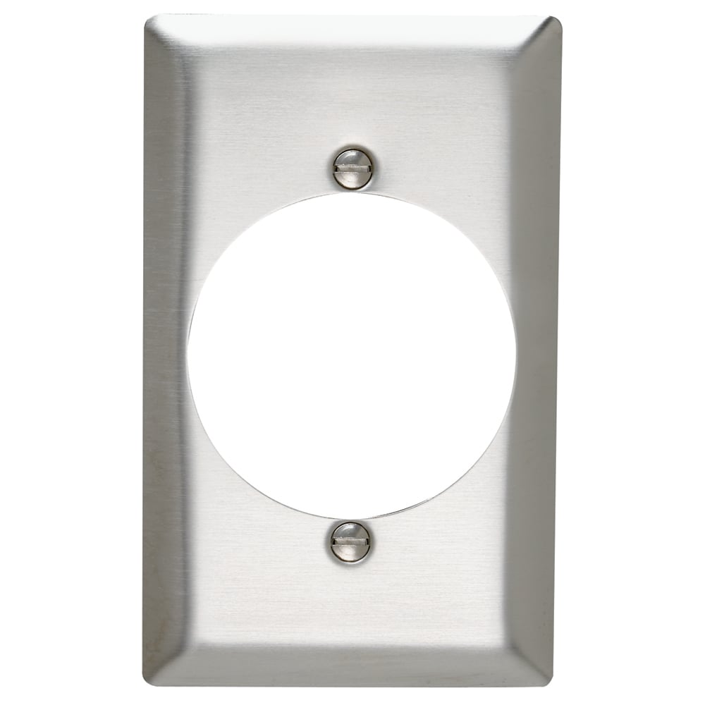 One Gang Power Outlet Receptacle Opening, 2.156 hole for 2.125 diameter device - 2 mtg. holes, Smooth Metal Stainless Steel