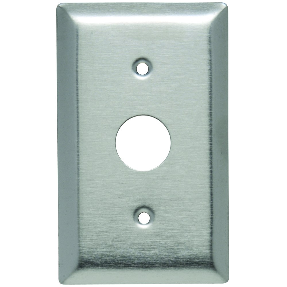 Singlegang,single telephone or cable outlet removable 5/8 ID grommet in 7/8hole. Strap mounted. One #340 yoke. Smooth 302 Stainless Steel.