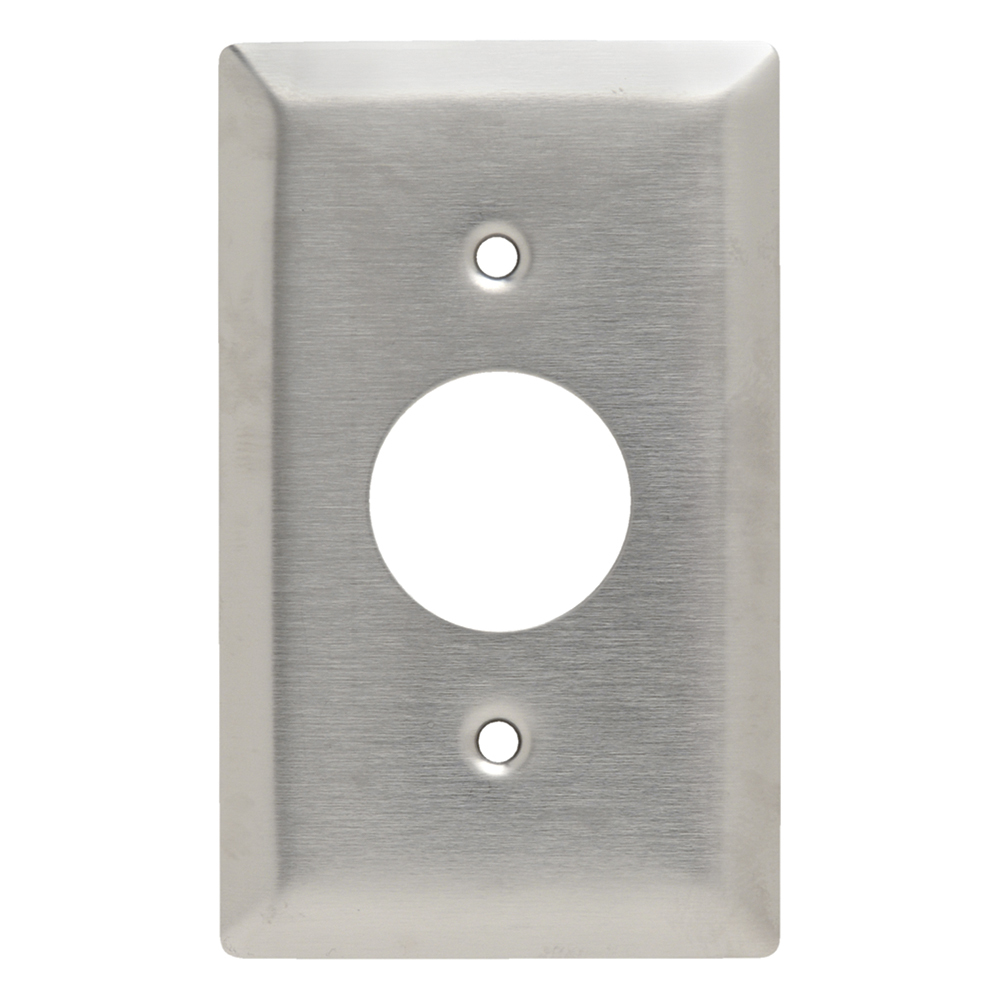 Single gang, Single telephone or cable outlet 11/4 hole. Strap mounted. Supplied with #340 yoke. Smooth 302 Stainless Steel.