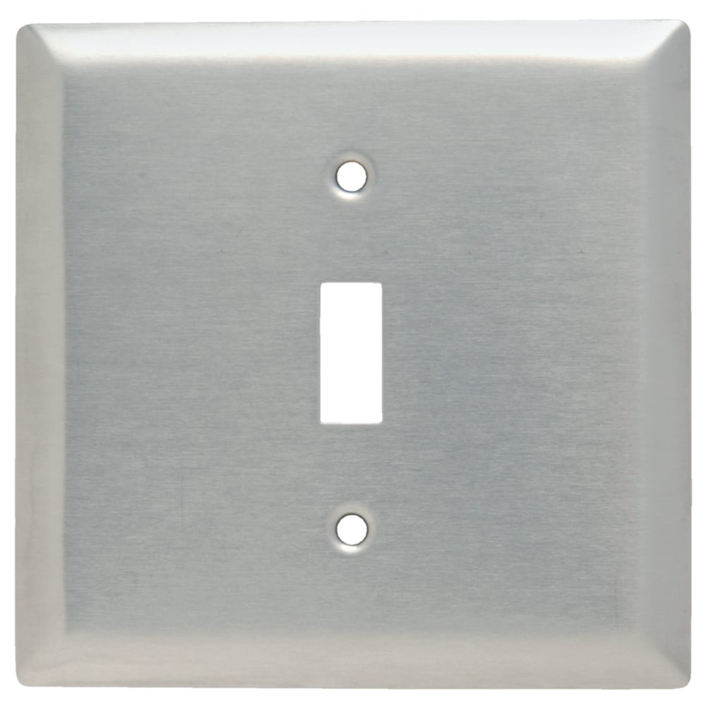 Two-Gang Wallplate with Center opening, Single toggle, Smooth 302 Stainless Steel.