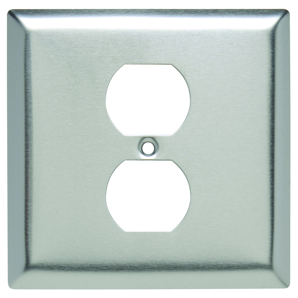 Double gang, Single centered duplex receptacle wallplate. Smooth 302 Stainless Steel.