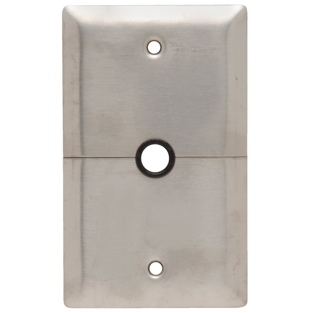 Single gang, Single outlet, horizontal split wall plate for television or cable lead in. Box mounted, removable 13/32 ID grommet in 1/2 hole. Smooth 302 Stainless Steel.