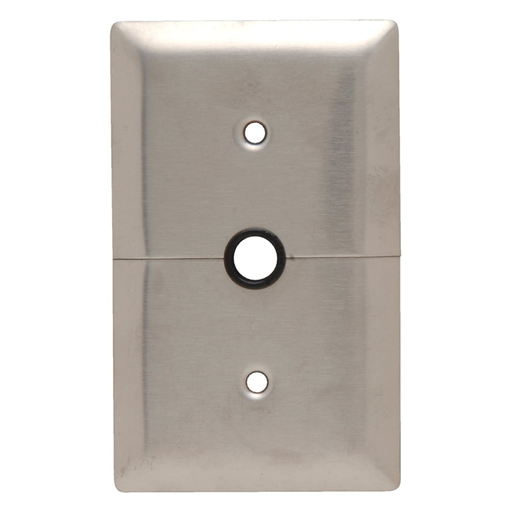 Single gang, Single outlet, horizontal split wall plate for television or cable lead in. Supplied with #340 yoke, Box mounted, removable 13/32 ID grommet in 17/32 hole. Smooth 302 Stainless Steel.