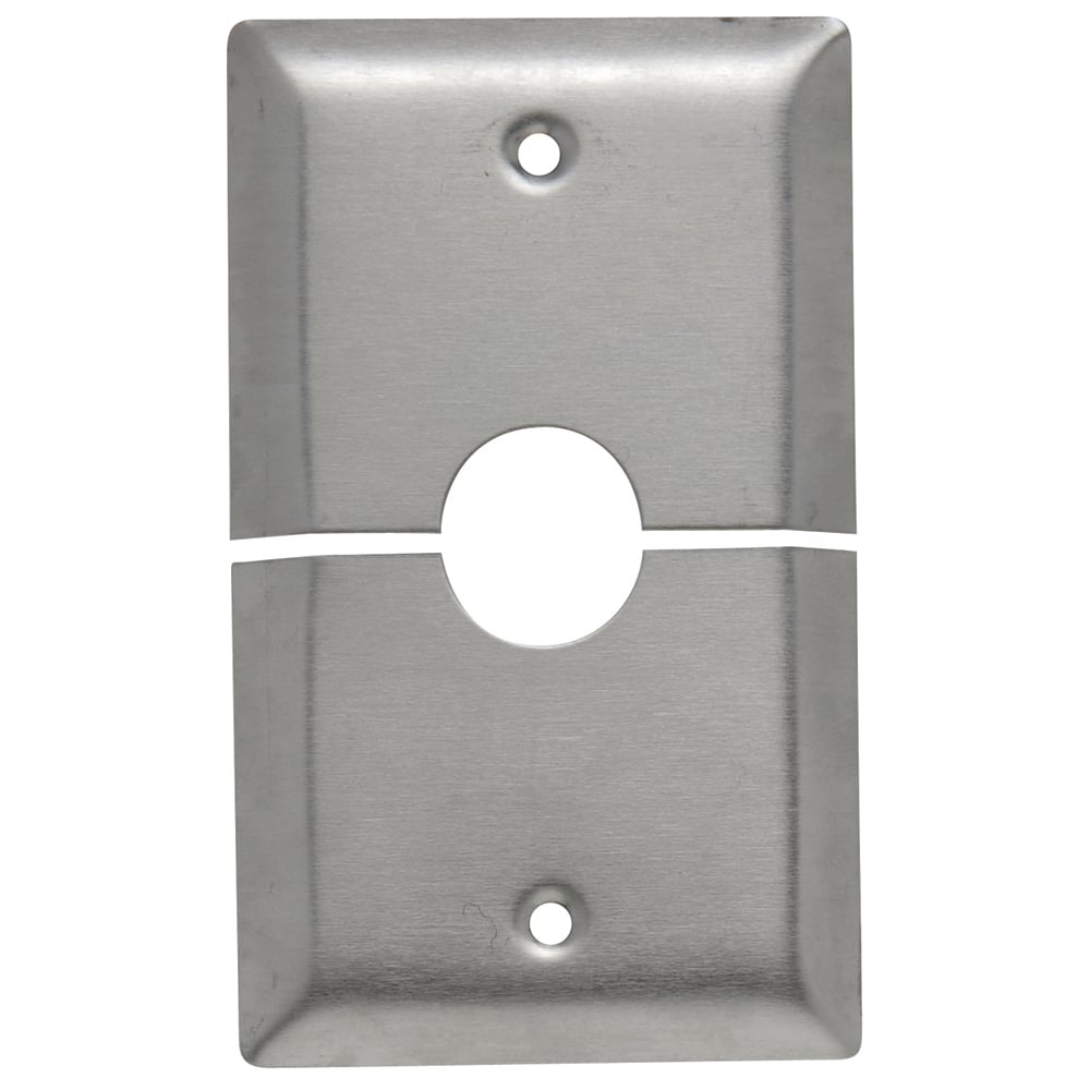 Single gang, Single outlet horizontal split wall plate for television or cable lead in. Box mounted, removable 5/8 ID grommet in 7/8 hole. Smooth 302 Stainless Steel.
