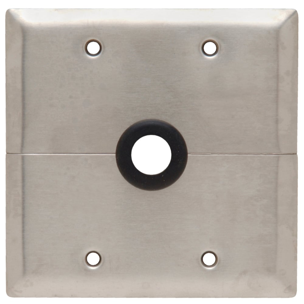 Double gang, Single centered outlet. horizontal split wall plate for television or cable lead in. Also furnished for strap mounting. Catalog #S788 with two #340 yokes. Box mounted removable 5/8 ID grommet in 7/8 hole. Smooth 302 Stainless Steel.