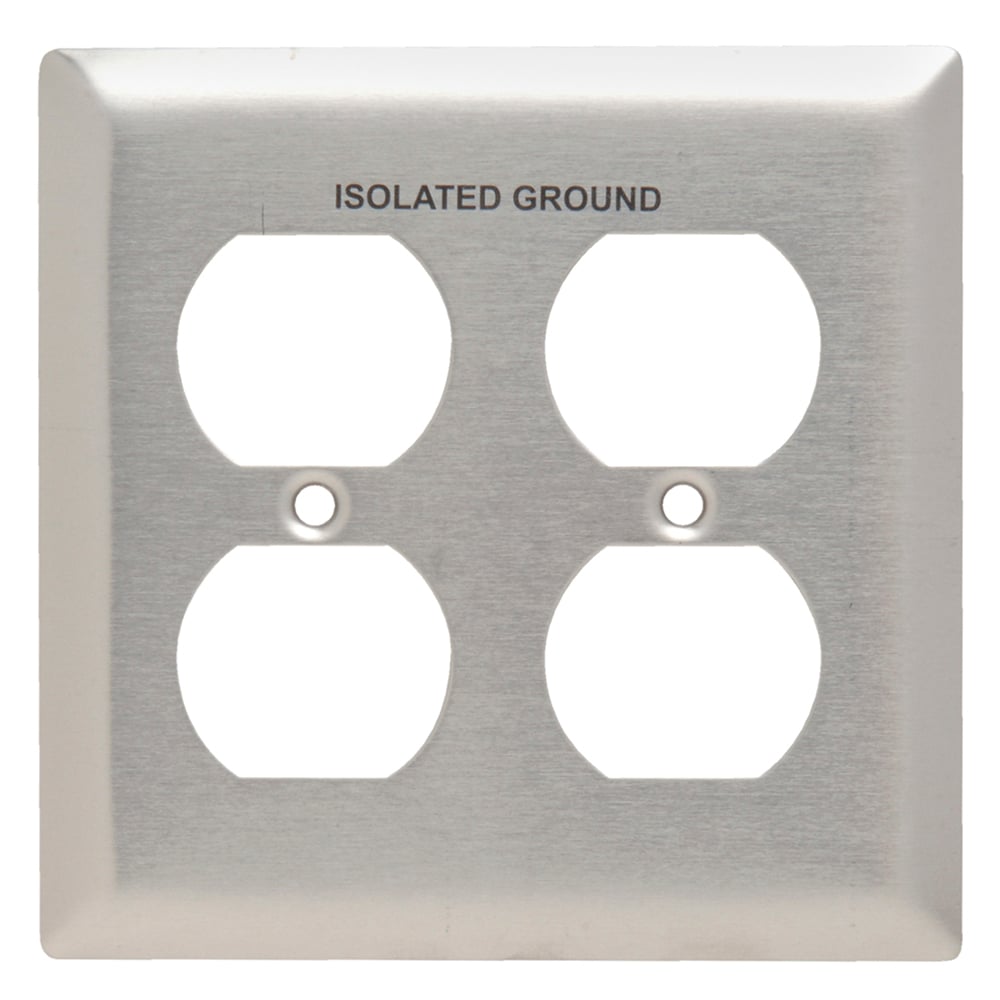 Double gang, duplex receptacle. Smooth 302 stainless steel with black fill.