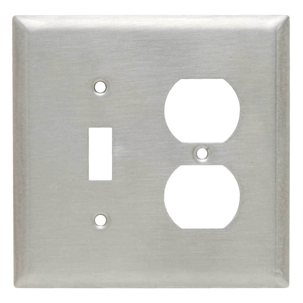 Combination Wall Plate, 1 Toggle Switch and, 1 Duplex Receptacle, Two Gang, 302 Stainless Steel