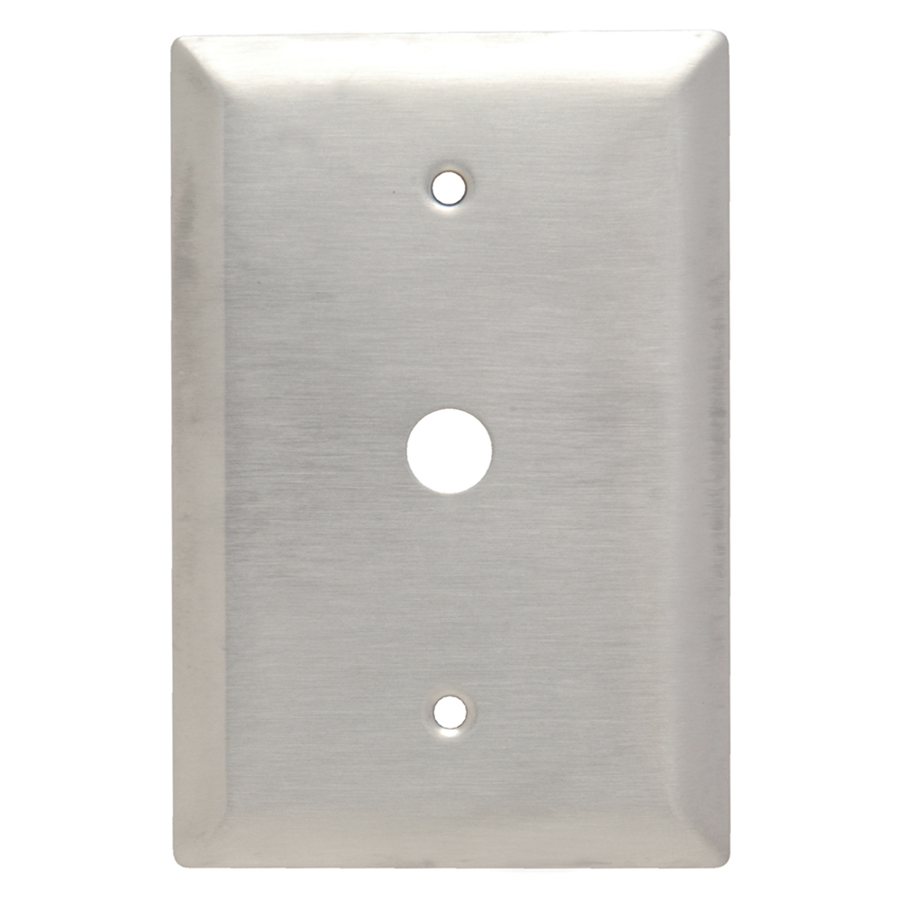 Single gang, Single telephone/cable outlet with removable 13/32 ID grommet in 17/32 hole. Smooth 302 Stainless Steel.