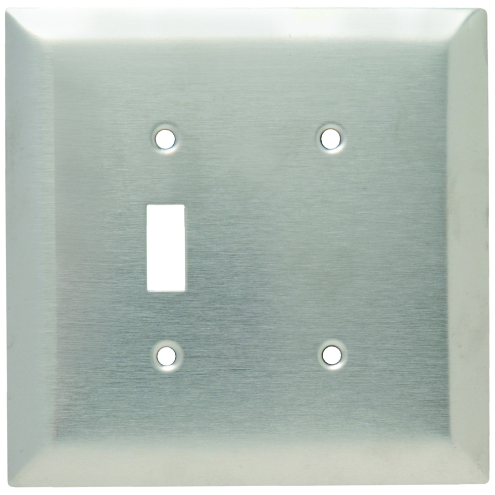 2-Gang Combination Jumbo Wall Plate, 1 Toggle Switch and 1 Blank, Strap Mount, 302 Stainless Steel
