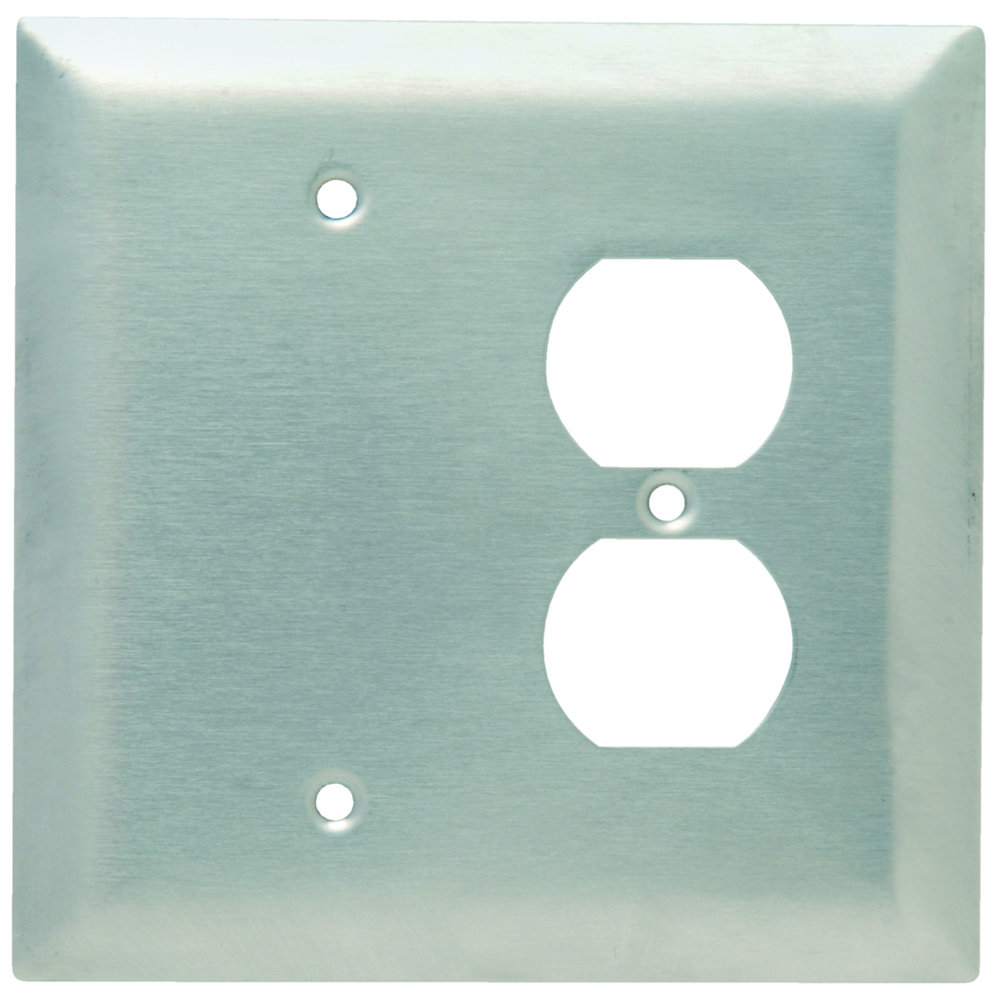 2-Gang Combination Jumbo Wall Plate, 1 Blank and1 Duplex Receptacle, Box Mount, 302 Stainless Steel