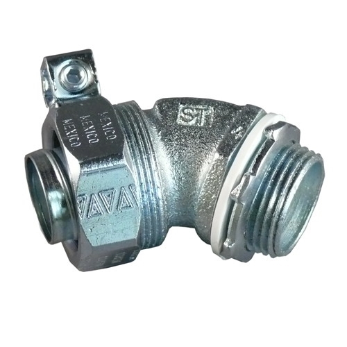 Non-Insulated Liquid Tight Conduit Connector With External Grounding Lug, 1 in Trade, 45 deg, Malleable Iron, Electroplated Zinc