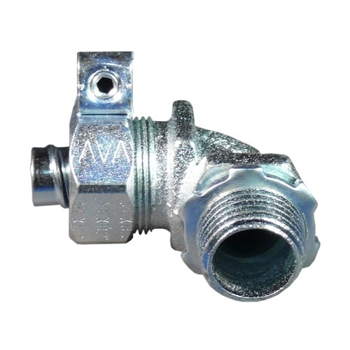 Liquid Tight Oiltight Raintight Conduit Connector With Plain Throat, 1 in Trade, 14 to 4 AWG Cable Openings, 90 deg, Malleable Iron, Triple Coated