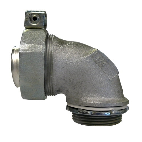  Liquid Tight Oiltight Raintight Conduit Connector With Plain Throat, 2 in Trade, 8 to 1/0 AWG Cable Openings, 90 deg, Malleable Iron, Triple Coated