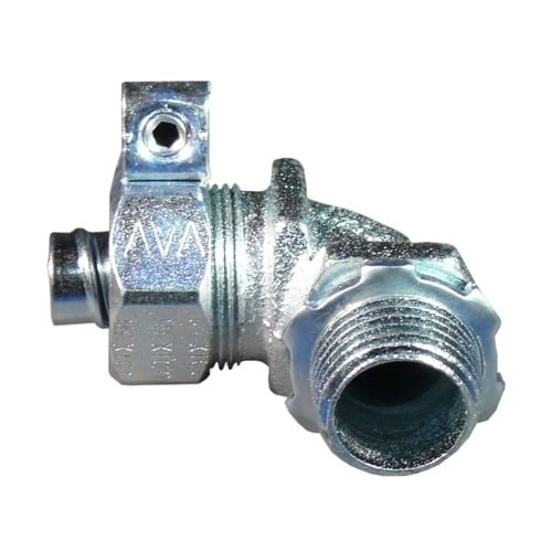 90 deg Liquidtight Connector with Plain Throat, 3/4 inch, Malleable Iron, Zinc Electroplated