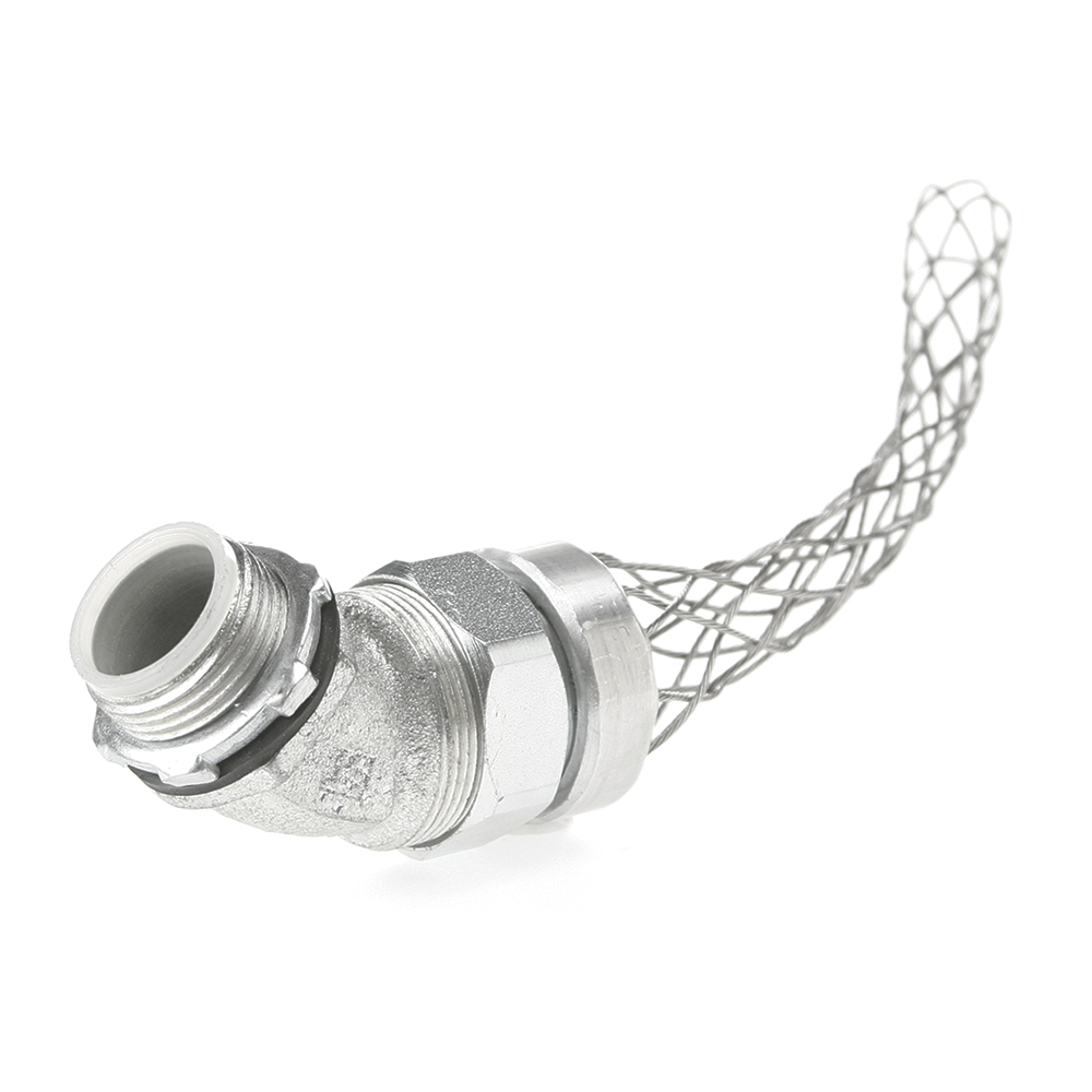 45 deg male liquid tight for metallic flexible conduit. 1" NPT, 5.25" Mesh length.