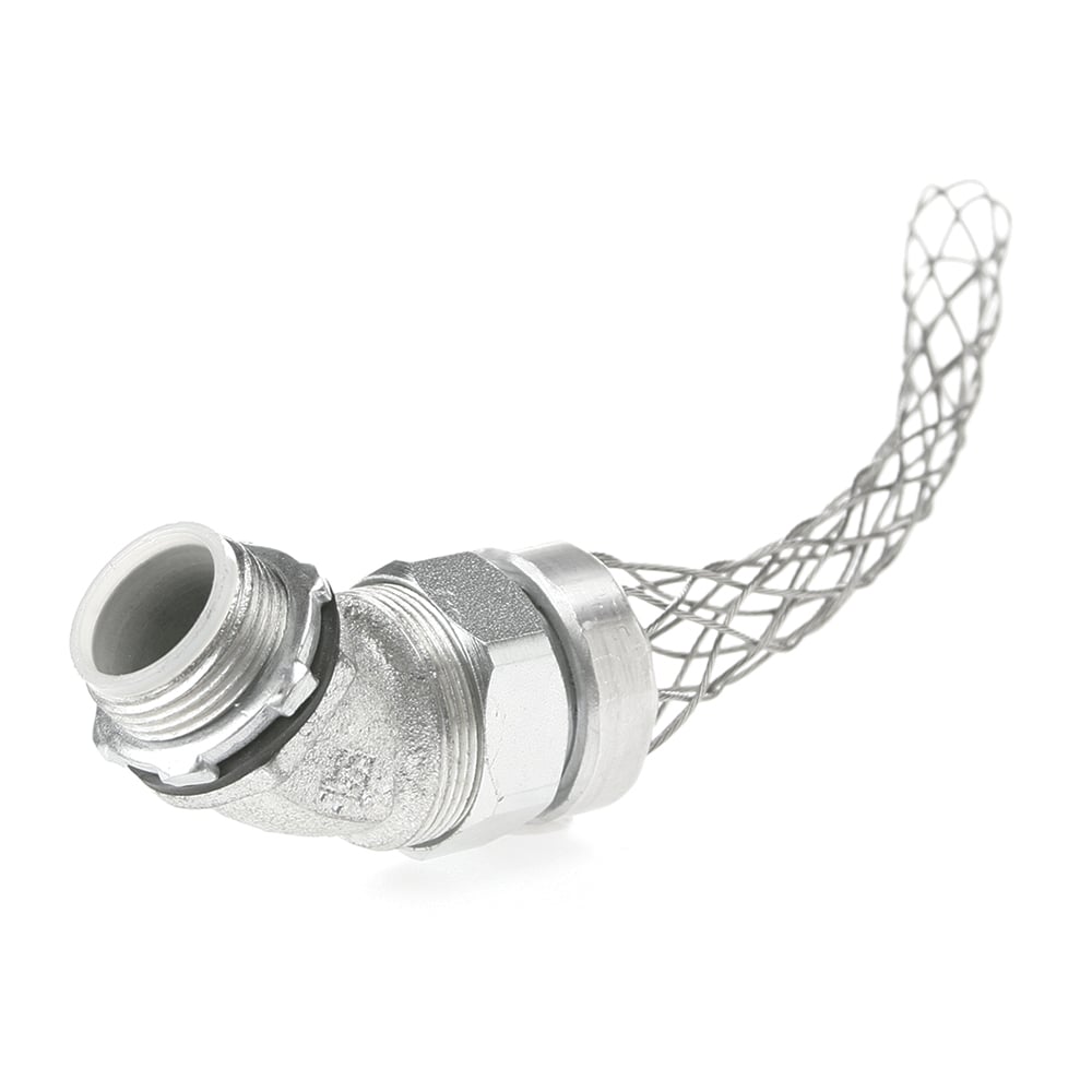 45 deg male liquid tight for metallic flexible conduit. 2" NPT, 7.5" mesh length.