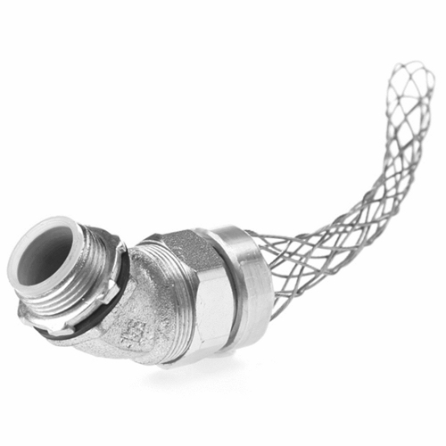 45 deg male liquid tight for metallic flexible conduit. 3/4" NPT, 4.375" Mesh Length.