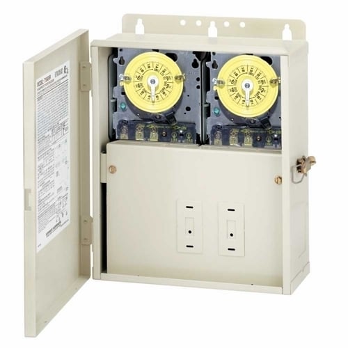 The Two T101M in 10.5 X 12 X 4.5 In. Outdoor Enclosure The T10000R Series Control Centers Feature an all-weather Enclosure and Contain One or Two Heavy Duty Timer Mechanisms. In Addition, They Have Provision to Install Switches or GFCI Receptacle on the Side and Additional Switches Inside