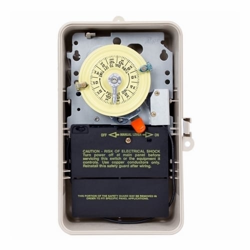 The NEMA 3R - Beige Plastic Case - 125 V SPST 2/SPDT Heater Cutoff Switch These heavy-duty Mechanical Time Switches are designed for commercial, industrial and residential applications and have the highest motor load ratings in the industry. They provide up to 12 ON/OFF operations each day with a minimum ON/OFF time of 1 hour. This model is designed to turn OFF a gas fired swimming pool heater approximately 20 minutes before the filter pump shuts down. This eliminates the problem of pounding and knocking due to overheated water, reduces scale and lime deposits and extends the service life of the heater.