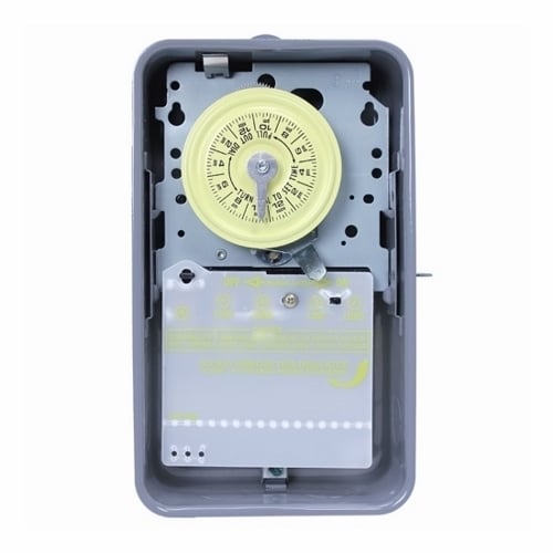 The NEMA 3R - Steel Case 125 V SPST Gray Case The heavy duty mechanical time switch is designed for industrial, commercial and residential applications. Features a high horsepower rating that is ideal for loads up to 40 amps resistive from 120-volts and direct 24-hour time switch control of most loads. All models are equipped with one "ON" and one "OFF" tripper. The unit contains a 1-circuit standard On/Off Single Pole Single Throw 40 Amps, 4000 watt capacity, 120 volts.