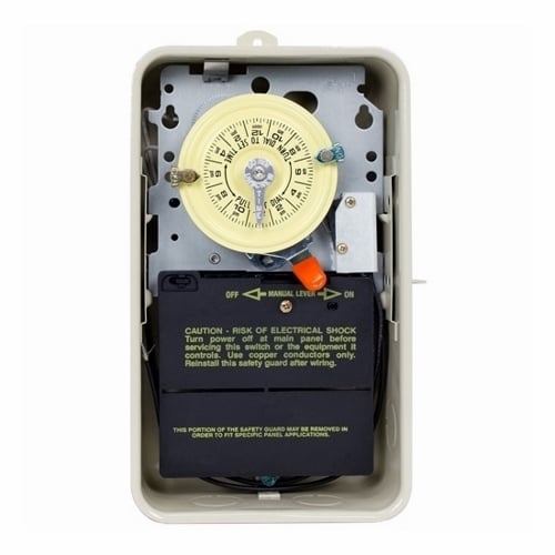 The NEMA3R BEIGE STL CASE 125V SPST TIME SW These heavy-duty Mechanical Time Switches are designed for commercial, industrial and residential applications and have the highest motor load ratings in the industry. They provide up to 12 ON/OFF operations each day with a minimum ON/OFF time of 1 hour. This model is designed to turn OFF a gas fired swimming pool heater approximately 20 minutes before the filter pump shuts down. This eliminates the problem of pounding and knocking due to overheated water, reduces scale and lime deposits and extends the service life of the heater.