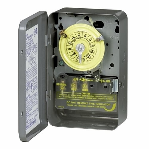 The NEMA 1 - 208-277 V 5HP SPST This heavy-duty electromechanical time switch is designed for industrial, commercial and residential applications. It features a high horsepower rating that is ideal for loads up to 40 amps resistive from 208 volts and direct 24-hour time switch control of most loads. All models are equipped with one "ON" and one "OFF" tripper. The unit contains a 1-circuit standard On/Off Single Pole Single Throw 40 Amps, 4000 watt capacity, 208-277 volts.