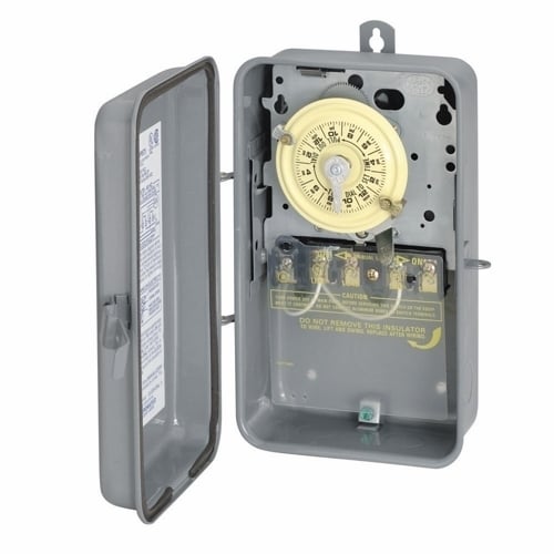This heavy-duty steel case electromechanical time switch is designed for industrial, commercial and residential applications. It features a high horsepower rating that is ideal for loads up to 40 amps resistive from 208 volts and direct 24-hour time switch control of most loads. All models are equipped with one "ON" and one "OFF" tripper. The unit contains a 1-circuit standard On/Off Single Pole Single Throw 40 Amps, 4000 watt capacity, 208-277 volts.