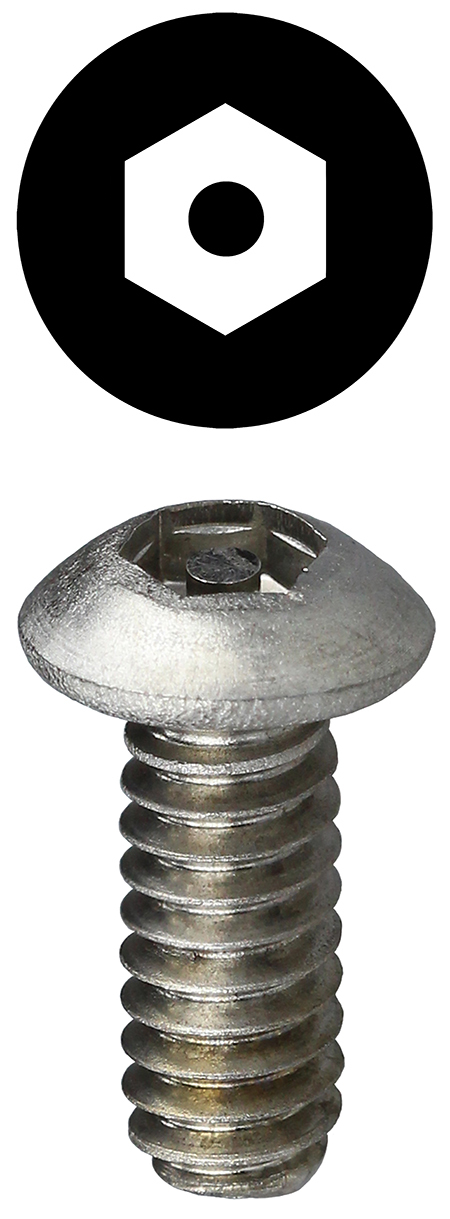 T103212HB Tamper Proof Machine Screw, #10-32, 1/2 in OAL, 18-8 Stainless Steel, Button Head, Hex Pin Drive