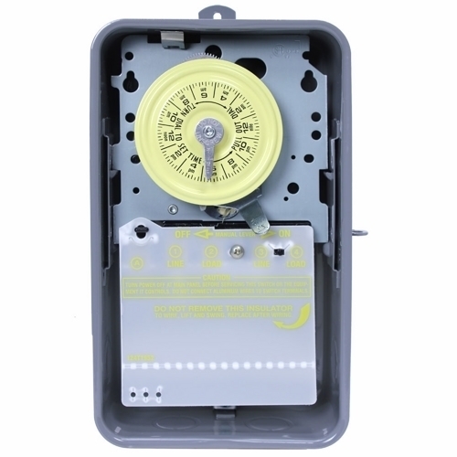 The NEMA 3R - Steel Case 125 V DPST  The heavy duty mechanical time switch is designed for industrial, commercial and residential applications. Features a high horsepower rating that is ideal for loads up to 40 amps resistive from 120-volts and direct 24-hour time switch control of most loads. All models are equipped with one "ON" and one "OFF" tripper. The unit contains a 1-circuit standard On/Off Double Pole Single Throw 40 Amps, 4000 watt capacity, 120 volts.