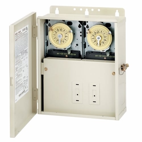 The Two T104M in 10.5 X 12 X 4.5 In. Outdoor Enclosure The T10000R Series Control Centers Feature an all-weather Enclosure and Contain One or Two Heavy Duty Timer Mechanisms. In Addition, They Have Provision to Install Switches or GFCI Receptacle on the Side and Additional Switches Inside