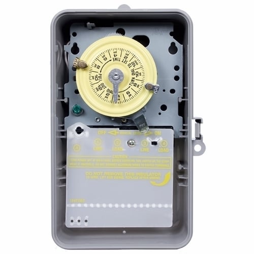 The NEMA 3R - Plastic Case 208-277 V DPST Gray Case The heavy duty mechanical time switch is designed for industrial, commercial and residential applications. Features a high horsepower rating that is ideal for loads up to 40 amps resistive from 120-volts and direct 24-hour time switch control of most loads. All models are equipped with one &quot;ON&quot; and one &quot;OFF&quot; tripper. The unit contains a 1-circuit standard On/Off Double Pole Single Throw 40 Amps, 4000 watt capacity, 208-277 VAC 60 Hz.