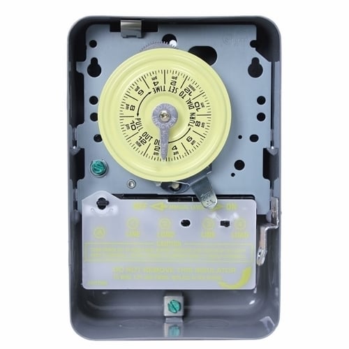 The heavy duty mechanical time switch is designed for industrial, commercial and residential applications. Features a high horsepower rating that is ideal for loads up to 40 amps resistive from 120-volts and direct 24-hour time switch control of most loads. All models are equipped with one "ON" and one "OFF" tripper. The unit contains a 1-circuit standard On/Off 1NO/1NC (can be wired SPDT) 40 Amps, 4000 watt capacity, 125 VAC 60 Hz.