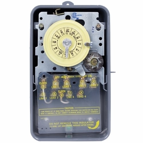The NEMA 3R - Steel Case 480 V 4PST Separate clock motor and circuit terminals This Mechanical 24-Hour Time Switches are designed for commercial, industrial and residential applications. The Skipper feature enables users to omit operation on  selected day(s) of the week.