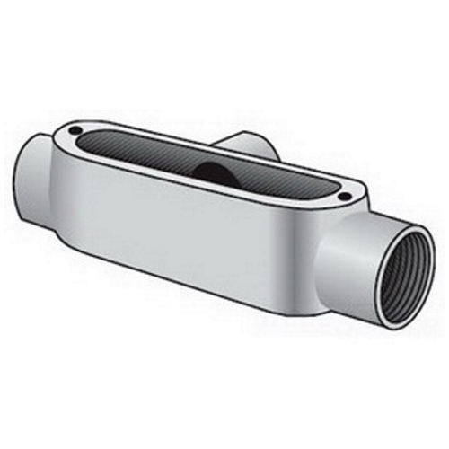 OZ-Gedney Spec 5 Type T Conduit Body, 1-1/2 IN Hub, Length: 9-1/4 IN, 2-3/4 IN Height, Malleable Iron, Finish: Zinc Electroplated With Aluminum Enamel, Connection: Tapered FNPT, 3 (1 AWG) Conductors, 36 CU-IN Volume, Third Party Certification: UL Fi