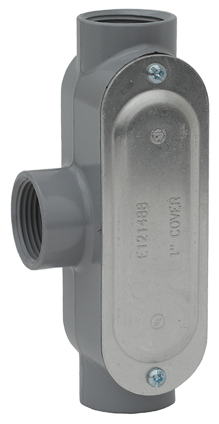 T Style Conduit Body with Cover and Gasket, 2 in. hub size, Wall mounting, Die Cast Copper Free Aluminum material, Threaded connection, Neoprene gasket