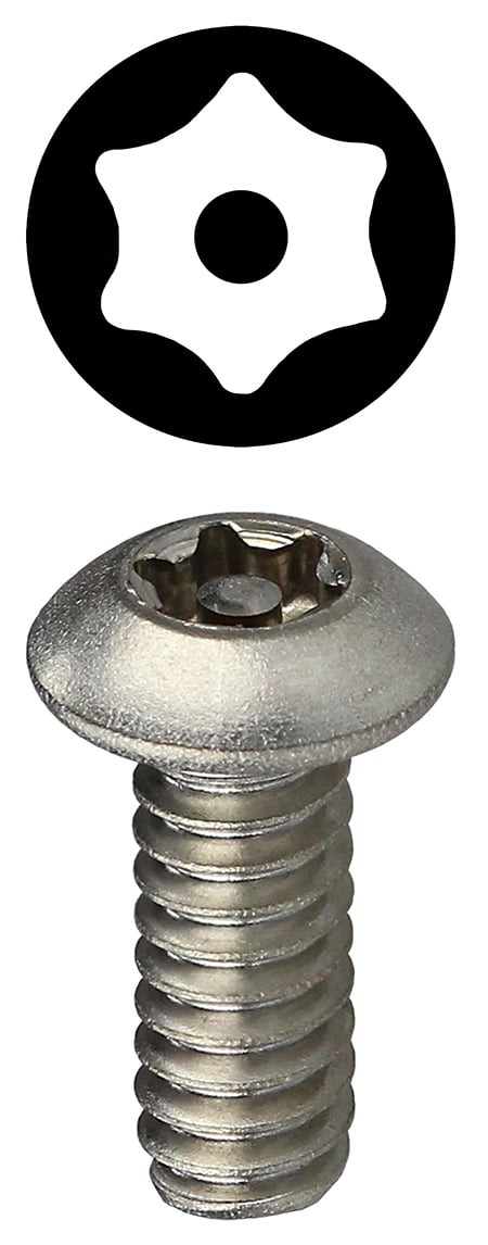 T6321TB Tamperproof Machine Screw, #6-32, 1 in OAL, 18-8 Stainless Steel, Button Head, 6-Lobe Pin Drive