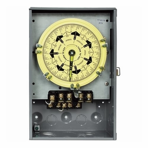 The 125V NONC 4PST SEP CLOCK MTR/CIRCUIT  These time switches provide a different 'ON/OFF' program each day of the week. They also provide for 4 pole single throw and 4 pole (2NO/2NC) switching. This series provides true 7-day load control with minimum ON and minimum OFF times of 3-1/2 hours. The 'BC' models with carryover provide a carryover of 16 hours minimum to maintain accurate load control even during power failure. When power resumes, the carryover automatically rewinds itself. Only 1 hour is required to rewind the carryover for each 2 hours of outage.