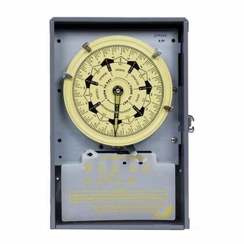 The T7401B provides true 7-day load control with a minimum ON/OFF time of 3 1/2 hours. The timer enables different programs to be set for each day of the week. It features 4-pole single throw and 4 pole (2 NO/2NC) switching and separate clock motor terminals for switching loads not on-line voltage.