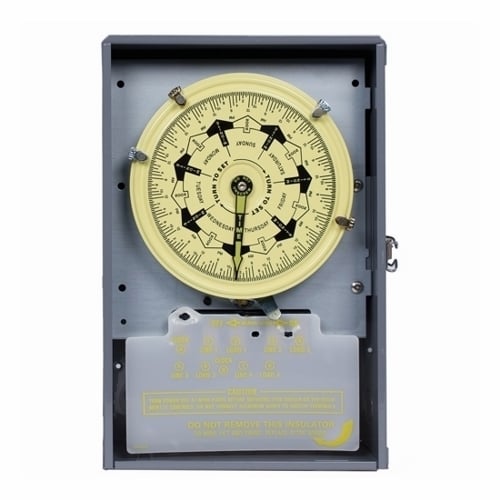 The 125V 4NO DPDT SEP CLOCK MTR/CIRCUIT  Provide true 7-day load control with a minimum ON/OFF time of 3 1/2 hours. The timer enables different programs to be set for each day of the week. It features 4-pole single throw and 4 pole (2 NO/2NC) switching and separate clock motor terminals for switching loads not on-line voltage.