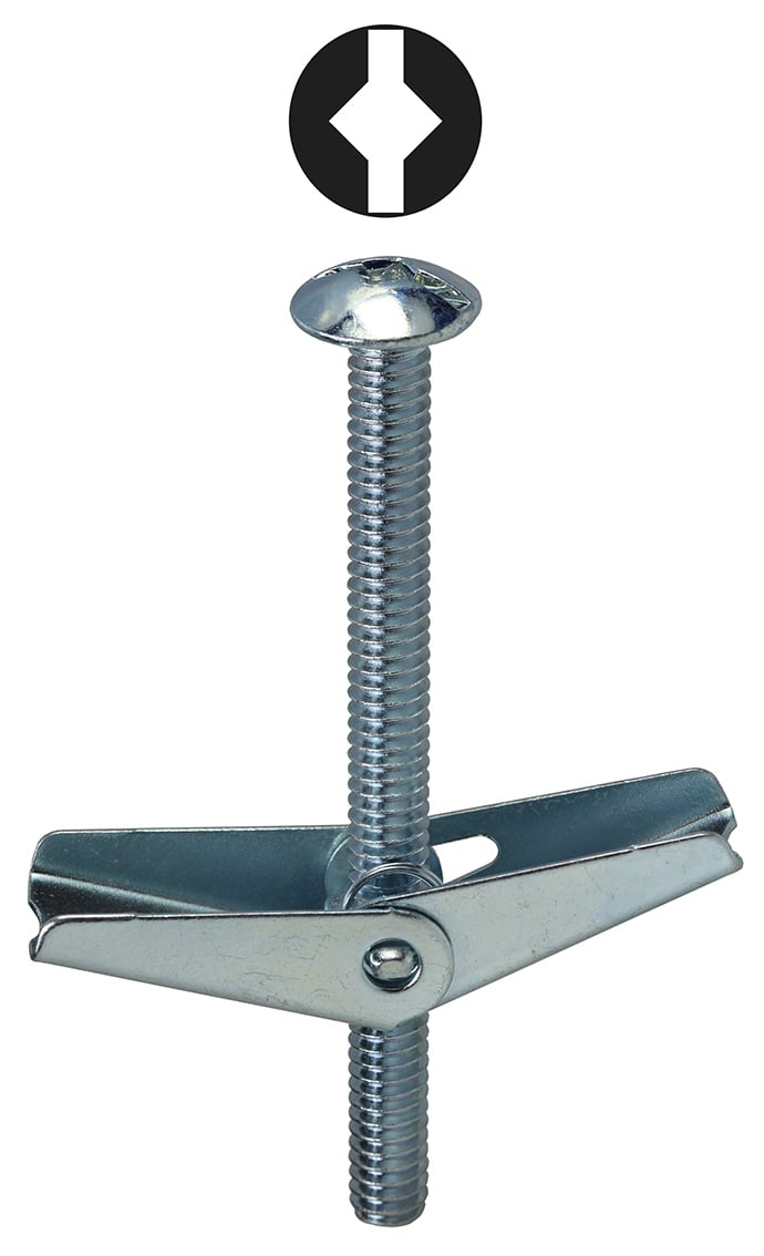 Mushroom Head with Spring Wing, Steel material, Zinc Plated Finish, 3 in. length, 1/8 in. diameter, 3/8 in. drill size, Square/Slotted drive type