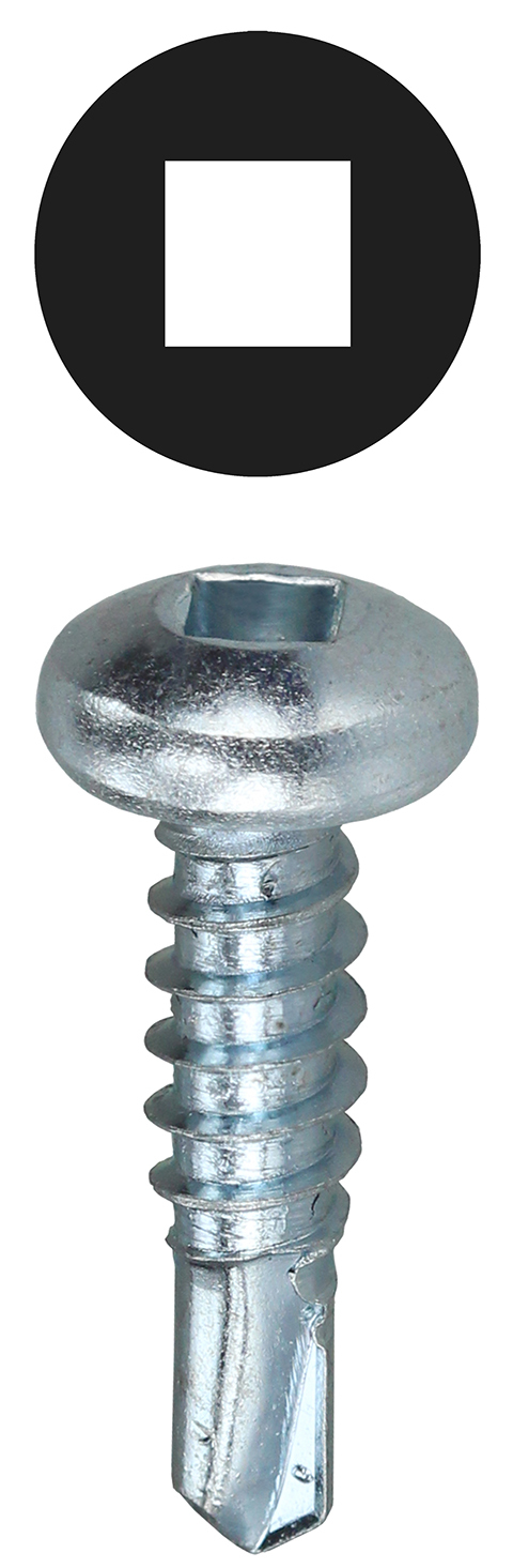 Pan Head Self Drilling Screw, Steel material, #8 x 1/2 in. Size, Zinc Plated Finish, Square drive type, #2 bit size, Patented Invincibox Packaging