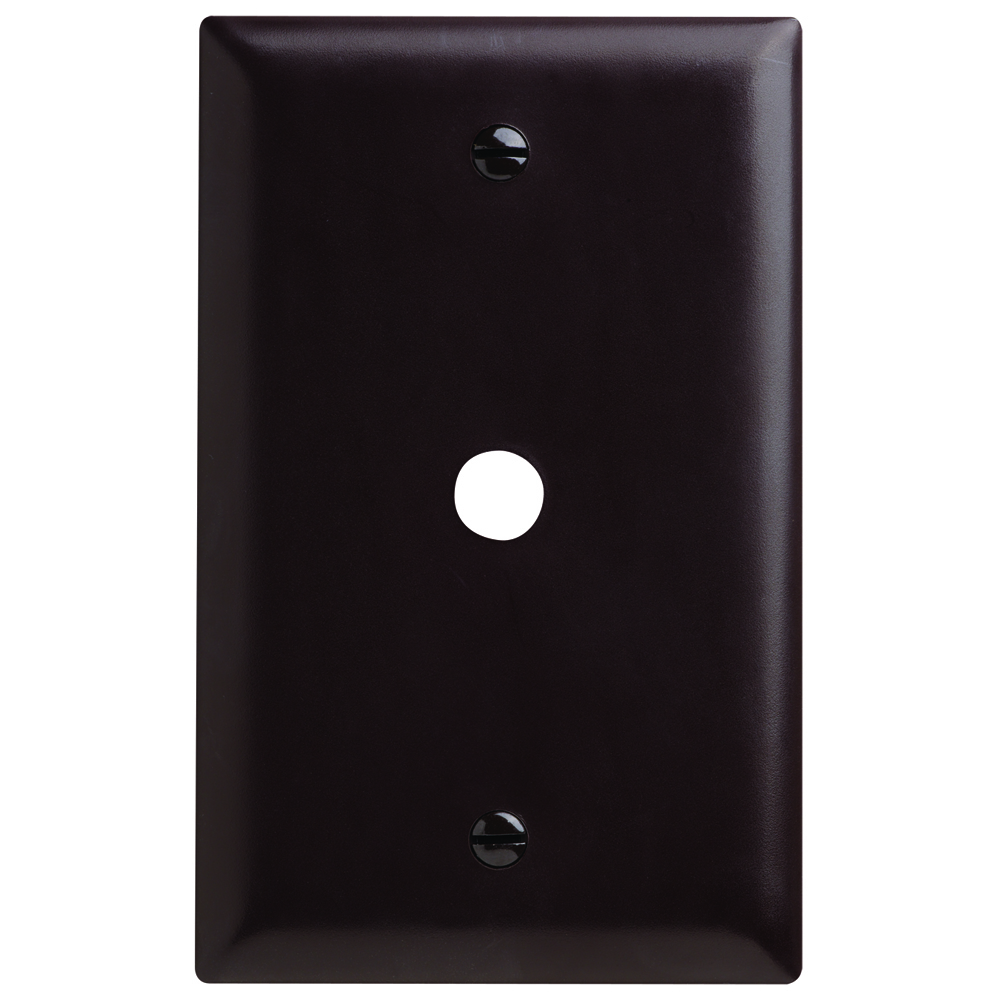 Single gang, single telephone or cable outlet 13/32 hole. Box mounted. Nylon Trademaster plate. Brown.